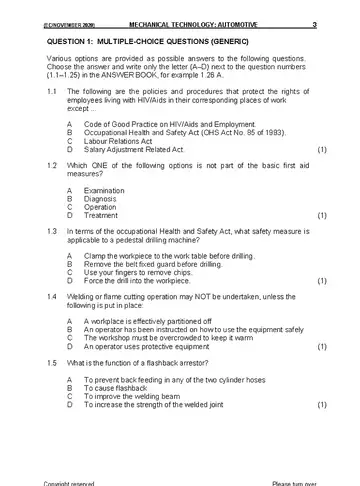 Mechanical Technology Grade 11 November 2020: Automotive question paper, first page of questions