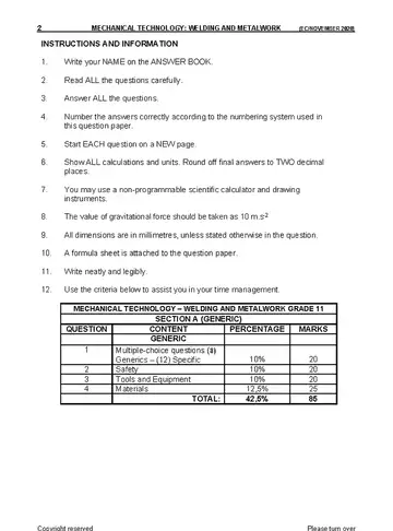 Mechanical Technology Grade 11 November 2020: Welding and Metalwork question paper, first page of questions