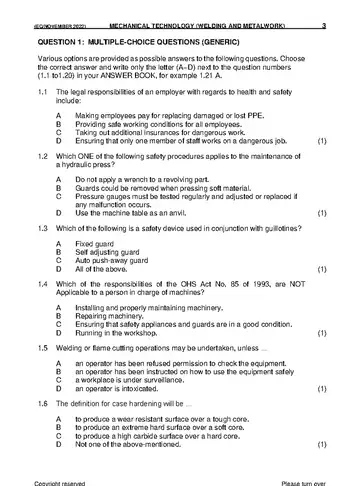 Mechanical Technology Grade 11 November 2022: Welding and Metalwork question paper, first page of questions
