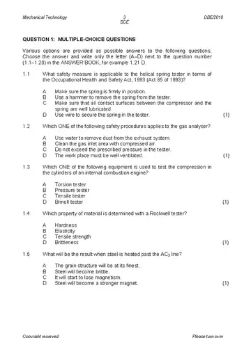 Mechanical Technology Grade 12 May/June 2018 question paper, first page of questions