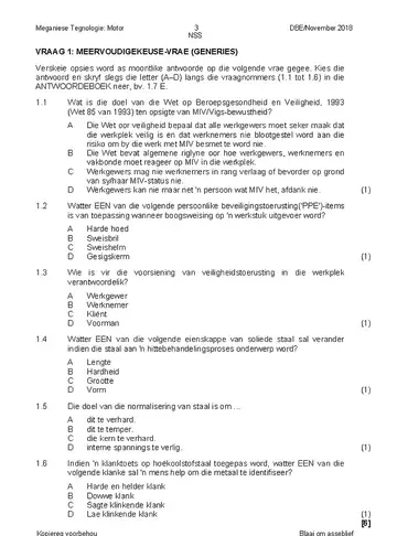 Mechanical Technology Grade 12 November 2018 (National DBE) question paper, first page of questions