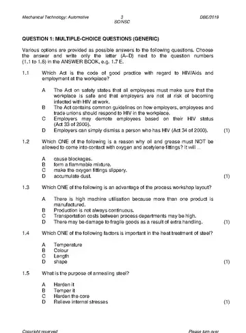 Mechanical Technology Grade 12 May/June 2019: Automotive question paper, first page of questions