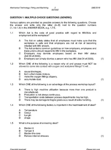 Mechanical Technology Grade 12 May/June 2019: Fitting and Machining question paper, first page of questions