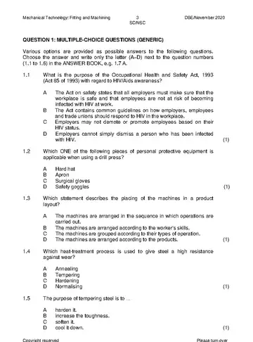 Mechanical Technology Grade 12 November 2020: Fitting and Machining (National DBE) question paper, first page of questions