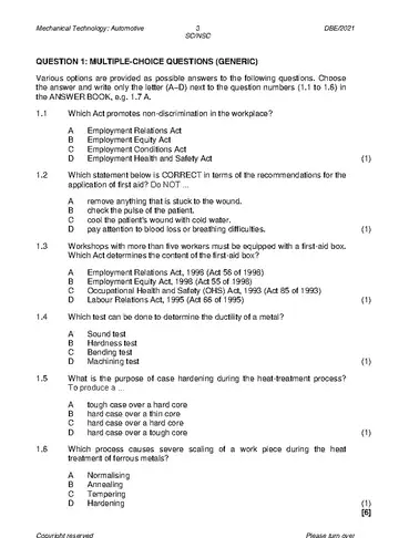 Mechanical Technology Grade 12 May/June 2021: Automotive question paper, first page of questions