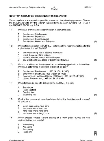 Mechanical Technology Grade 12 May/June 2021: Fitting and Machining question paper, first page of questions
