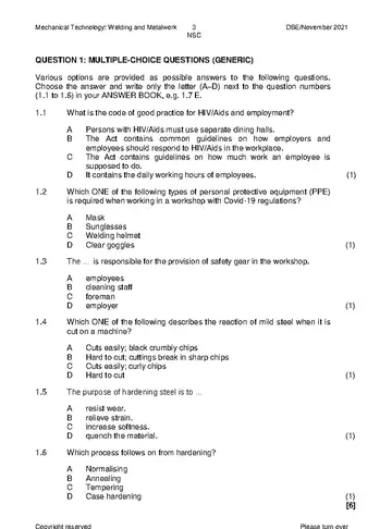 Mechanical Technology Grade 12 November 2021: Welding and Metalwork (National DBE) question paper, first page of questions