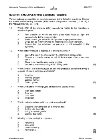 Mechanical Technology Grade 12 May/June 2022: Fitting and Machining question paper, first page of questions
