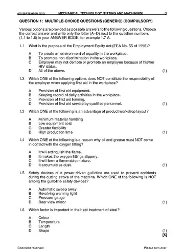 Mechanical Technology Grade 12 September Trial 2022: Fitting and Machining question paper, first page of questions