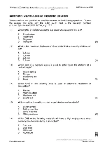 Mechanical Technology Grade 12 November 2022: Automotive (National DBE) question paper, first page of questions