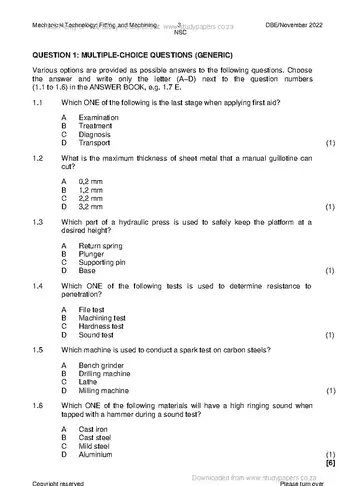 Mechanical Technology Grade 12 November 2022: Fitting and Machining (National DBE) question paper, first page of questions
