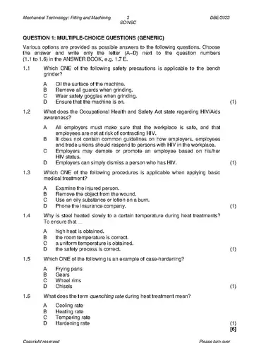 Mechanical Technology Grade 12 May/June 2023: Fitting and Machining question paper, first page of questions