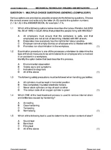 Mechanical Technology Grade 12 September Trial 2023: Welding and Metalwork question paper, first page of questions
