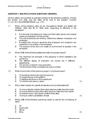 Mechanical Technology Grade 12 May/June 2024: Automotive question paper, first page of questions