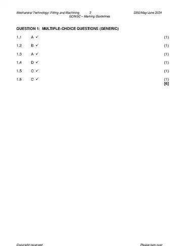 Mechanical Technology Grade 12 May/June 2024: Fitting and Machining memo, first page of questions