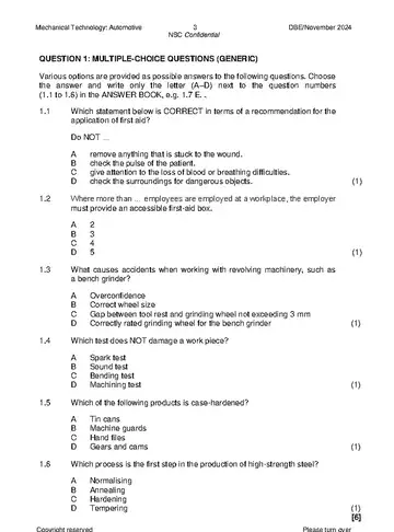 Mechanical Technology Grade 12 November 2024: Automotive (National DBE) question paper, first page of questions