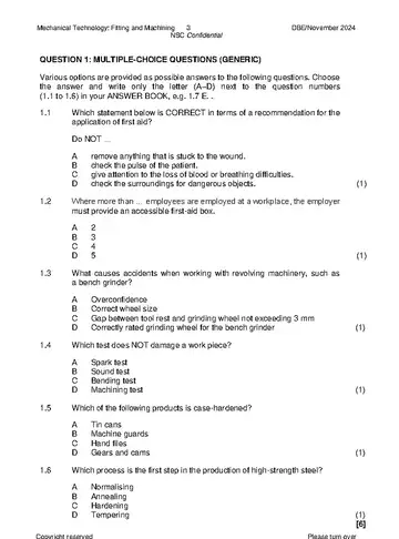 Mechanical Technology Grade 12 November 2024: Fitting and Machining (National DBE) question paper, first page of questions