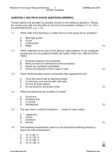 Mechanical Technology Grade 12 May/June 2025: Fitting and Machining (National DBE) question paper, first page of questions