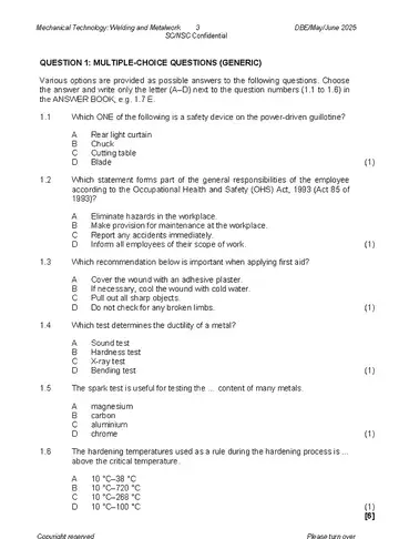 Mechanical Technology Grade 12 May/June 2025: Welding and Metalwork (National DBE) question paper, first page of questions