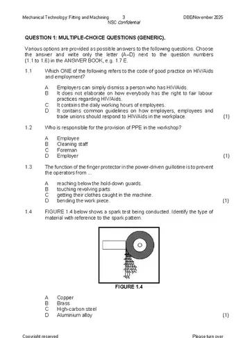 Mechanical Technology Grade 12 November 2025: Fitting and Machining (National DBE) question paper, first page of questions
