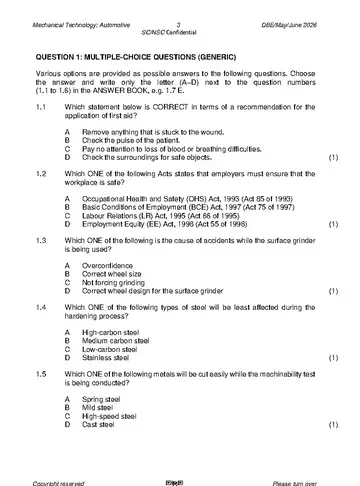 Mechanical Technology Grade 12 May/June 2026: Automotive (National DBE) question paper, first page of questions