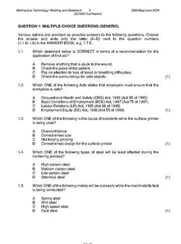 Mechanical Technology Grade 12 May/June 2026: Welding and Metalwork (National DBE) question paper, first page of questions