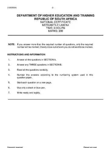 Mercantile Law N4 June 2021 question paper, first page of questions