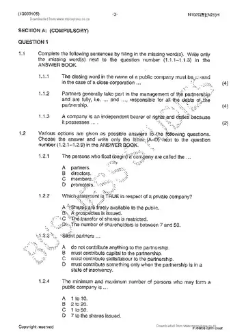 Mercantile Law N5 November 2013 question paper, first page of questions