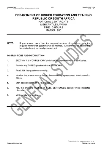 Mercantile Law N5 November 2016 question paper, first page of questions