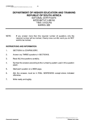 Mercantile Law N5 June 2019 question paper, first page of questions