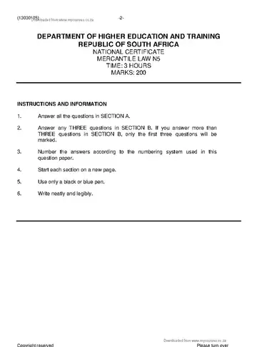 Mercantile Law N5 November 2020 question paper, first page of questions