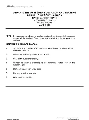 Mercantile Law N5 June 2021 question paper, first page of questions