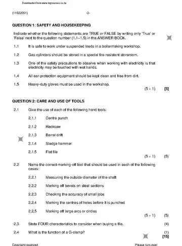Metalworkers Theory N1 November 2022 question paper, first page of questions