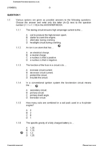 Motor Electrical Theory N1 August 2019 question paper, first page of questions