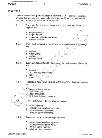 Motor Trade Theory N1 November 2013 question paper, first page of questions