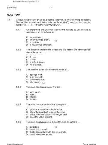 Motor Trade Theory N1 April 2020 question paper, first page of questions
