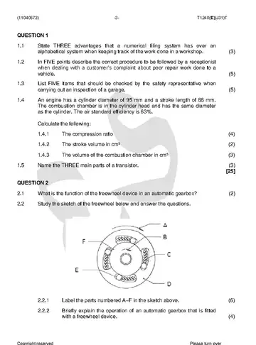 Motor Trade Theory N3 August 2018 question paper, first page of questions