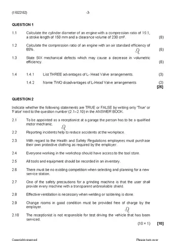 Motor Trade Theory N3 April 2020 question paper, first page of questions