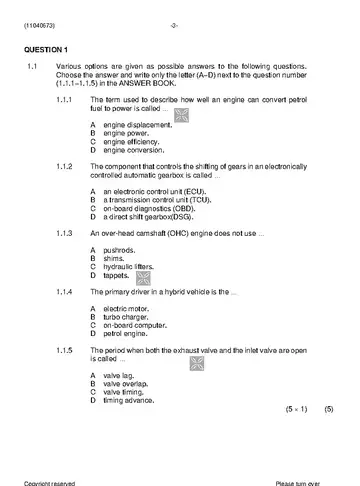 Motor Trade Theory N3 August 2021 question paper, first page of questions