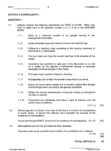 Municipal Administration N5 June 2013 question paper, first page of questions