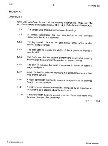 Municipal Administration N6 June 2013 question paper, first page of questions