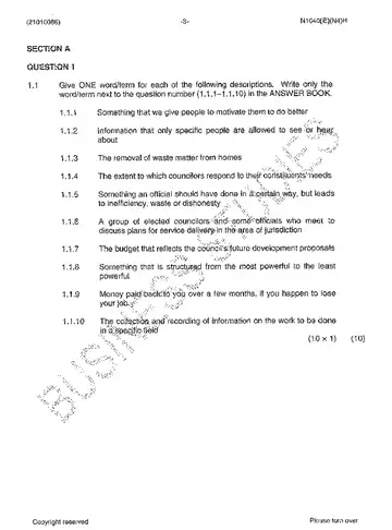 Municipal Administration N6 November 2013 question paper, first page of questions