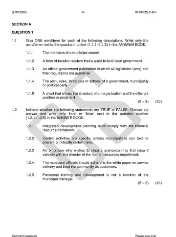 Municipal Administration N6 June 2018 question paper, first page of questions