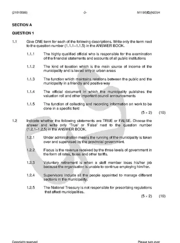 Municipal Administration N6 November 2018 question paper, first page of questions