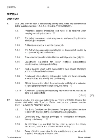 Municipal Administration N6 June 2019 question paper, first page of questions