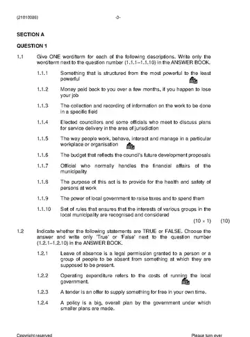 Municipal Administration N6 November 2019 question paper, first page of questions