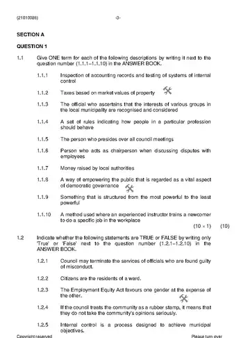 Municipal Administration N6 November 2020 question paper, first page of questions