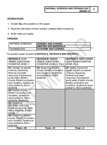 Natural Science and Technology Grade 6 Exemplar 2020 question paper, first page of questions