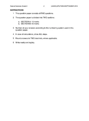 Natural Sciences Grade 9 September 2019 question paper, first page of questions