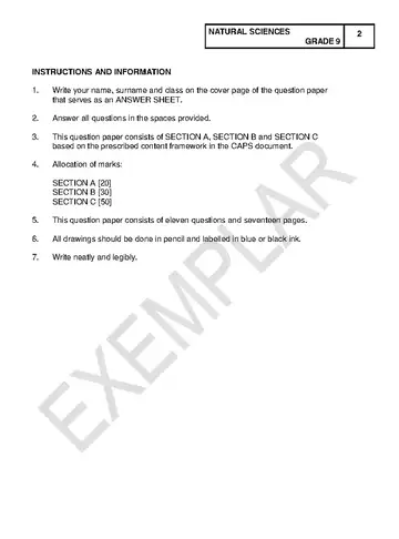 Natural Sciences Grade 9 Exemplar 2020 question paper, first page of questions